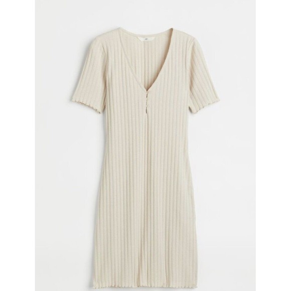 H&M Bodycon Ribbed Beige Midi Dress women's size Large - Picture 1 of 13
